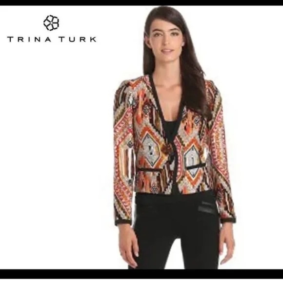Trina Turk Womens Silk Blazer Tribal Diamond Moderna Sz 10 Southwestern Boho EUC - Picture 2 of 10